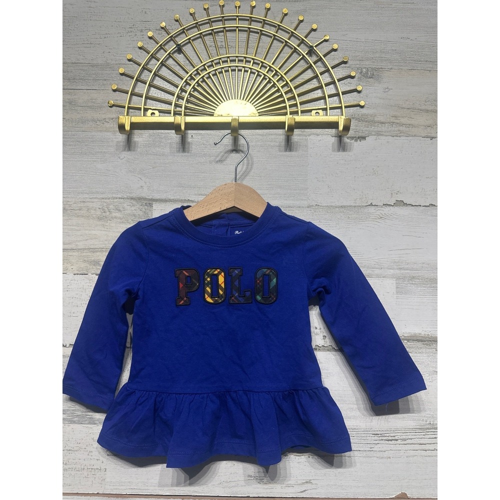 Ralph Lauren Peplum Top Girls 9M Royal Blue Plaid Logo Long‎ Sleeve EUC